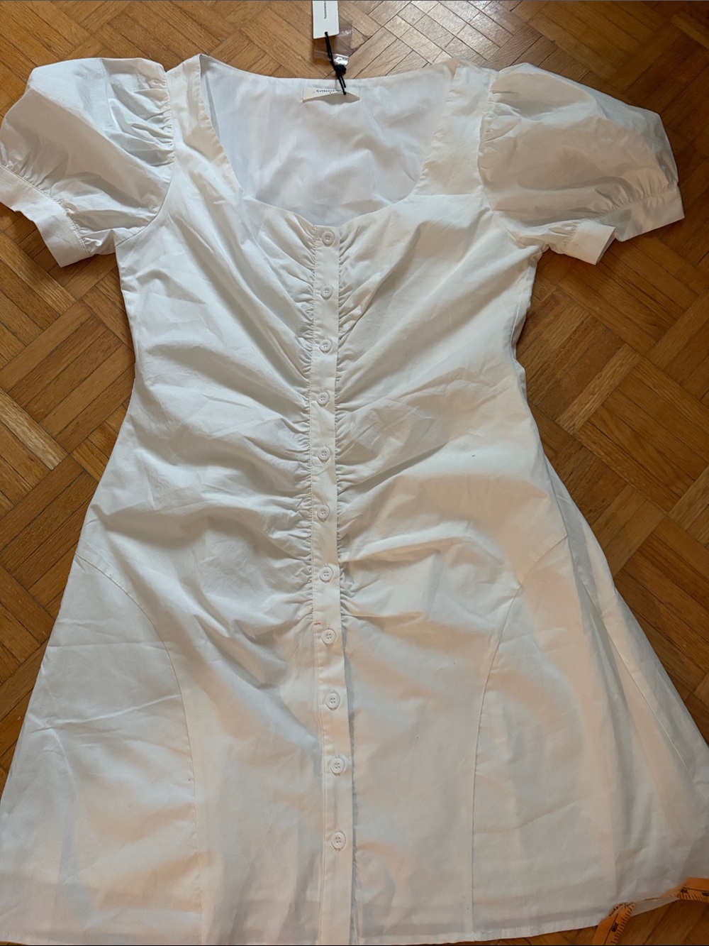 Commense White Button-Front Puff Sleeve Dress